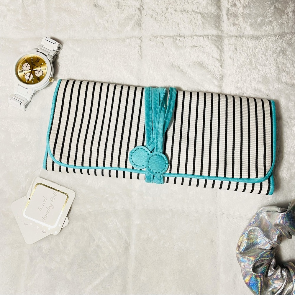 Kohl’s Canvas Travel Jewelry Roll in Black & White Stripe with Teal Inside